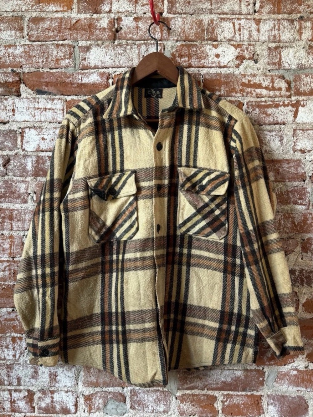 Vintage Tan Orange Plaid Striped CPO Anchor Buttons Flannel Men’s Medium Used